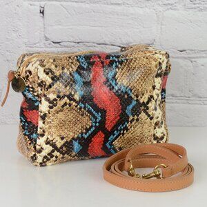 CLARE V Neutrals Snakeskin Print Leather Midi Crossbody Bag